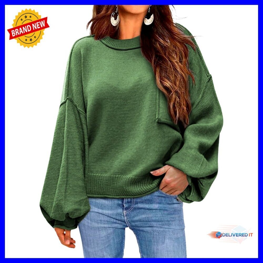 Oversized Ribbed Pullover Sweater Lantern Sleeves Relaxed Fit Cozy Knitwear